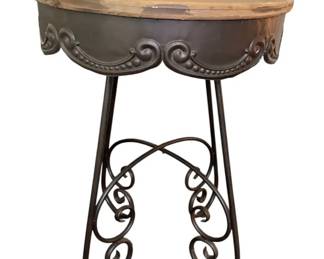 Round Wood Wrought Iron Side Table