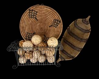 2 Handwoven Baskets Handpainted Metal Fruit Basket
