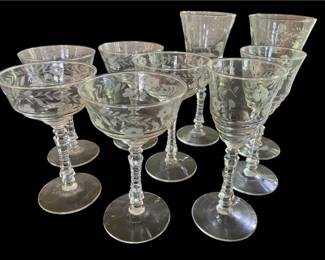 Halifax By Rock Sharpe Cut Floral Etched Stemware Circa 1940s