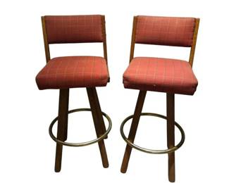 Pair of Vintage MidCentury Modern Swivel Bar Stools Plaid Upholstery