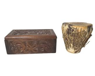 Vintage HandCarved Wood Box Raw Hide Tribal Drum Set