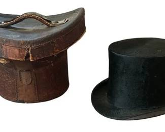 Antique 19th Century Black Silk Plush Top Hat Original Leather Travel Case