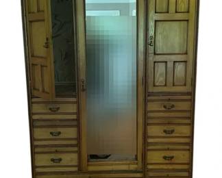 Large Vintage Solid Wood Armoire Wardrobe with Center Mirror