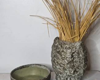 Vintage Brutalist Studio Pottery Set Volcanic Vase Green Glazed Bowl