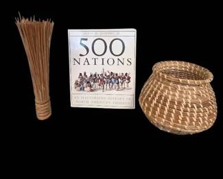 Vintage Hand Woven Basket, Wok Brush And 500 Nations Book