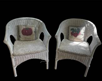 Two White Wicker Chairs With Seat Cushions Throw Pillows