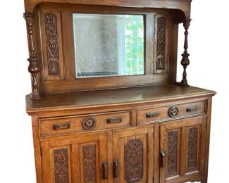 Antique Carved Oak Sideboard Hutch w Mirror