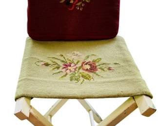 Vintage Handcrafted Needlepoint Footstool And Decorative Pillow
