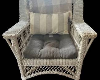 Vintage White Wicker HighBack Armchair with Cushion Throw