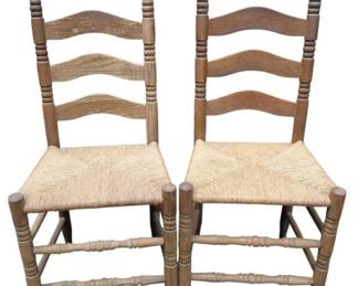 Pair Of Vintage Wood And Wicker Ladder Back Cairs