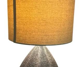 Contemporary Textured Gray Ceramic Gourd Table Lamp with Linen Drum Shade