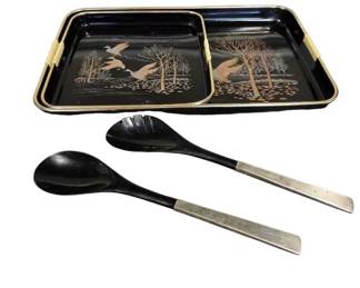 Vintage MCM Black Laquered Nesting Serving Trays Salad Serving Set
