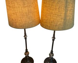 Pair of Vintage MCM Column Table Lamps with Burlap Drum Shades