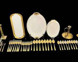 Vintage GoldToned Utensils, Platters Candlestick Holders