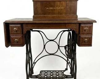 Antique Agriculturist Treadle Sewing Machine with Wood Cabinet Coffin Top Hood