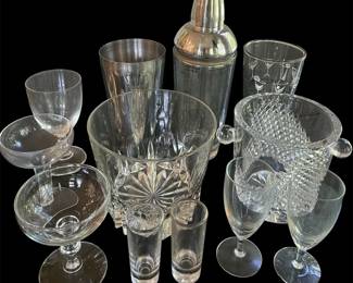 Vintage BarCut Glass Ice Buckets, Cocktail Shaker Misc. Cocktail Glasses