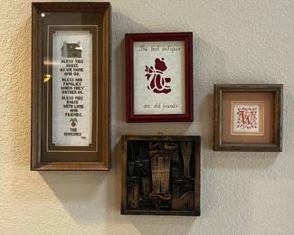 et- This collection includes four framed wall art pieces, each offering distinctive charm and style. The set features a tall, rectangular frame with a heartfelt blessing text in a neutral palette, highlighted by its dark wooden frame. A smaller red-framed piece displays a whimsical bear graphic with the phrase "The best antiques are old friends," adding warmth and personality. Another square piece showcases an intricate letter 'W' embroidery on a beige and brown background within a rustic wooden frame. Completing the set is a dark, square frame with a bold, textured typographic block print, providing an artistic contrast. Made from wood and glass, this varied set is perfect for adding a cozy, antique-inspired touch to any wall. Frame 1: 15in x 7in Frame 2: 8in x 6in Frame 3: 7in x 7in Frame 4: 6in x 6in