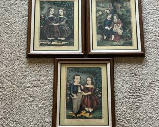 ac- Set of three framed 19th-century Currier & Ives children’s prints, including Little Brother & Sister and two additional charming scenes depicting children in period dress. Little Brother & Sister bears the Currier & Ives, 152 Nassau St., New York publisher imprint and an 1863 copyright line. Close examination of the printing shows characteristics consistent with period lithographic printing and applied color. Based on the visible markings and printing characteristics, these are believed to be original period hand-colored lithographs rather than later reproductions; authenticity has not been professionally verified. All three are attractively presented in coordinating wood frames with layered matting. The prints exhibit age-related toning, fading and/or spotting consistent with their age. Frames show normal wear. Please review photographs closely for condition and identifying marks. Sold together as a set of three. Each are 17” X 14”