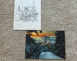 eq- This set features two distinctive art pieces: a detailed black and white architectural print signed by the artist, showcasing intricate linework of a historic house; and a vivid color photograph of SchloB Neuschwanstein blanketed in snow at sunset, highlighting a beautiful winter landscape. The print emphasizes fine pen and ink artistry with clear artist signatures, while the photograph captures a stunning castle scene with deep blues, warm sunset hues, and frosted pine trees. Both pieces highlight exceptional craftsmanship and artistic detail in contrasting monochrome and color. Vertical: 17in x 13in Horizontal: 13in x 18in