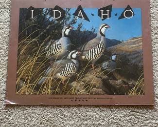 de- This 1988 Idaho upland game permit print showcases a detailed and vivid depiction of chukar partridges in their natural habitat, illustrated by artist Michael Sieve. The print is framed with a brown matte border and features a natural outdoor scene with grass and rocky terrain. The item measures approximately standard frame size with mounting hardware on the back for easy display. The color palette highlights earth tones and natural shades, bringing out the realistic bird markings and landscape details. This collectible print is ideal for wildlife art enthusiasts and hunting permit collectors alike. There is some damage on bottom right corner as seen in picture