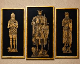 ab- Set of 3 Vintage English Medieval Monumental Brass Rubbings – Framed Knights & Heraldry