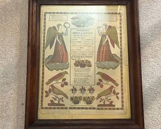 ea- Decorative framed Certificate of Birth & Baptism featuring colorful religious and folk-art style imagery including angels, birds, flowers, and ornamental borders. The certificate contains handwritten family and baptismal information, with dates including 1947 and 1987. Bottom is printed “Printed and for sale by G. S. Peters,—Harrisburg, Pa.” Presented in an older dark wood frame with wood-board backing and wire hanger. Certificate displays considerable age-related toning, discoloration, creasing, edge wear, small tears and other deterioration, particularly along the margins. Frame and backing also show age and wear. Please review photos closely for names, dates, inscriptions and condition.