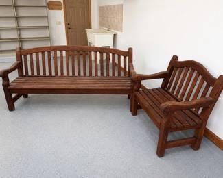 hl- This outdoor patio furniture set features two wooden benches designed for comfortable outdoor seating. The large bench measures 36.5 inches tall, 77.5 inches wide, and 20 inches deep, while the smaller bench is 36.5 inches tall, 35.5 inches wide, and 20 inches deep. Both benches are crafted from durable wood with a warm brown finish, ideal for enhancing your patio or garden space with classic charm and sturdy construction.