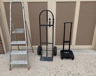 hz- This set includes a sturdy step ladder and two hand trucks, ideal for various moving and lifting tasks. The step ladder is made of durable metal with non-slip steps and orange safety caps on the feet for added stability. The hand trucks feature strong black metal frames with comfortable handles and solid wheels, designed to assist with transporting heavy items easily. Perfect for home, office, or warehouse use, this set highlights practical construction and reliable performance.