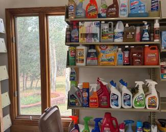 ho- This lot features a diverse collection of general cleaning supplies including sprays, detergents, disinfectants, and specialty cleaners. The items are a variety of brands, packaging sizes, and cleaning purposes; such as multi-surface cleaners, bathroom, kitchen cleaners, spot removers, and mildew treatments. Ideal for commercial or residential cleaning needs, this partial/full lot offers a comprehensive set of cleaning essentials in one convenient package.