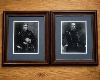 bk- This set features two striking black and white military portraits, each housed in a classic dark wooden frame with layered detailing. The portraits depict formal military figures dressed in uniform, presenting a historical and dignified aesthetic. The frames measure approximately medium size, crafted from solid wood with a rich, warm brown finish that complements the monochrome images. Each frame is backed with sturdy cardboard and includes a hanging wire for easy wall mounting, making them a perfect addition to any vintage or military-themed collection or decor.