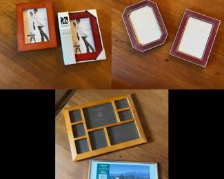 lx- This collection features a variety of photo frames including a warm-toned wooden collage frame by Jennifer Moore, a slim panoramic metal frame, two rustic cherry wood frames in a 5x7 size, and two elegant burgundy frames with gold trim. Highlighted are natural wood materials, rich brown and burgundy colors, and diverse frame shapes and sizes suitable for both collage displays and individual photos. Perfect for adding a touch of classic and vintage charm to any home or office decor. Wooden Frame: 11in x 14in Red Frames: 6.5in x 5in