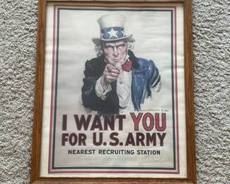 aa- This classic U.S. Army recruitment poster features the iconic image of Uncle Sam pointing directly at the viewer, designed by James Montgomery Flagg. The poster is housed in a sturdy wooden frame with a natural oak finish, highlighting the vintage aesthetic. The print displays bold red, black, and blue colors with the famous recruitment slogan, 'I WANT YOU for U.S. Army, Nearest Recruiting Station,' clearly visible. The piece includes text indicating it was prepared exclusively for the Military Book Club in Garden City, N.Y. 11530. Perfect for collectors of military memorabilia or vintage Americana decor.