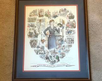 bn- Vintage George Finley military art print titled “Service With A Heart – The Military Wife.” This detailed color illustration pays tribute to the many roles and responsibilities of a military spouse, with a central military wife surrounded by numerous humorous and heartfelt scenes of military family and community life. This example is especially noteworthy because it is personally inscribed and signed by George Finley, rather than simply bearing his printed name.