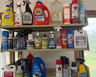hp- This extensive collection of household cleaning supplies features a wide range of products designed to tackle various cleaning tasks efficiently. The set includes multiple spray bottles, detergents, disinfectants, polishes, and specialty cleaning agents. Highlighted items include large containers of laundry detergent, multi-surface cleaners, wood oil finish, and glass cleaners. This assortment offers practical solutions for keeping your home spotless, hygienic, and well-maintained.