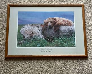 dj- rofessionally framed Thomas D. Mangelsen “Life’s a Bear” wildlife poster featuring a brown bear relaxing across a large piece of driftwood on the Alaska Peninsula. The image is one of Mangelsen’s recognized brown bear photographs; his official gallery identifies “Life’s a Bear – Brown Bear” as item No. 2747. The front bears the printed Thomas D. Mangelsen signature and title “Life’s a Bear.” Importantly, the original Thomas D. Mangelsen, Inc. label on the reverse specifically identifies this example as: “LIFE’S A BEAR FRAMED POSTER” 2747POSTF Dated October 29, 2002 The label also notes professional construction including regular glass and foam-core backing. An original Thomas D. Mangelsen’s Images of Nature biography/information sheet remains attached to the back. Presented in a warm wood-tone frame under glass. Condition: Appears very good overall with light age-related frame wear. Please review photos for exact condition.