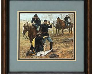 bm- Framed military artwork titled “The Staff Ride” by noted American military and Western artist Don Stivers (1926–2009). The scene depicts mounted U.S. Army officers participating in a traditional staff ride field exercise, studying terrain and military strategy. The artwork was originally commissioned in connection with the Centennial Class of the U.S. Army Command and General Staff College at Fort Leavenworth, Kansas. According to the original informational sheet attached to the reverse, the painting depicts officers of the first class attending the School of Application for Infantry and Cavalry, established at Fort Leavenworth by General William T. Sherman’s General Order No. 42 dated May 7, 1881. The original painting is displayed at the U.S. Army Command and General Staff College. Nicely presented with wide blue-gray matting, multiple inner mats, and a substantial dark wood frame. Original descriptive paperwork remains attached to the back https://www.donstivers.com