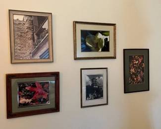 eb- Lot of five framed photographs featuring architectural, floral and nature subjects. The group includes a rustic stone architectural detail with flowers, two colorful autumn-leaf studies, a close-up white magnolia blossom, and a black-and-white photograph of Mission San José. The Mission San José photograph is especially notable and is signed in ink “J.L. Bridges” beneath the image. The subject itself is clearly identified on the mat as “San Jose Mission.” Mission San José is one of the historic San Antonio missions in Texas. All five pieces are presented under glass in assorted wood and gold-tone frames with matting. No signatures or photographer information are visible on the remaining four photographs from the images provided. #1 16in x 13in #2 13.5in x 16.5in #3 13.3in x 17.5in #4 14in x 11in #5 18in x 12.5in