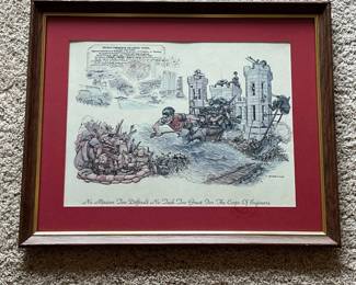 ca- This print by George Finley showcases an intricate illustration highlighting the hard work and dedication of the Corps of Engineers. The artwork features various scenes including bridges, fortifications, and engineering efforts with a historical document inset from the Seventh Congress of the United States. The piece is accented with a deep red matte and encased in a classic wooden frame with subtle gold trim. The print bears the signature of George Finley, adding to its collectible value. Perfect for history enthusiasts and collectors of military engineering memorabilia.