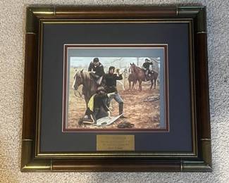 bq- Framed Don Stivers (1926–2009) “The Staff Ride” military print, originally created in 1981 in connection with the Centennial Class of the U.S. Army Command and General Staff College at Fort Leavenworth, Kansas. The image depicts mounted Army officers participating in a traditional staff ride training exercise. The original painting was presented to the Command and General Staff College by its Centennial Class and remains associated with the college. This example is attractively matted and housed in a substantial wood-tone and brass-accented frame. A brass presentation plaque beneath the image The reverse retains an informative sheet describing the history and purpose of The Staff Ride, as well as the original painting. The print is marked © 1981 Greenwich Workshop Inc. https://www.donstivers.com