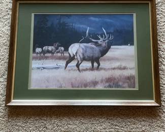 dd- Framed wildlife artwork by noted American wildlife artist Leon Parson, depicting a majestic bull elk standing before a herd in an open mountain meadow with evergreen forest and distant mountains in the background. The artwork is signed “Leon Parson”. Parson is known for highly detailed North American wildlife subjects, particularly deer, elk, and other big game. His work has been widely reproduced in collectible limited-edition prints and featured in numerous wildlife publications. Presented under glass with green matting and a wood-tone frame..