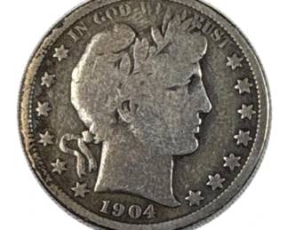 1904 Barber Silver Half Dollar, 50c US Coin, 90%