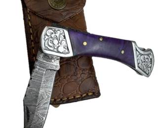Damascus Steel Folding Blade Knife w/ Sheath