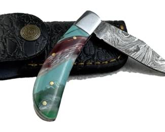 Damascus Steel Folding Blade Knife w/ Sheath