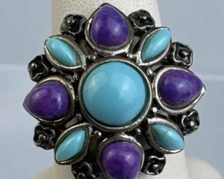 925 Silver Blue & Purple Stone Cluster Ring