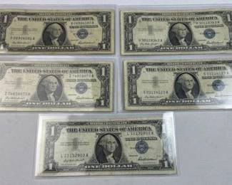 (5) 1957 US $1 Silver Certificates