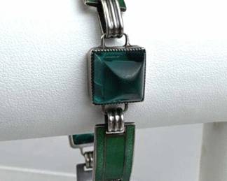 925 Silver Art Deco Green Enamel & Teal Glass Brac