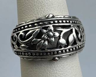 925 Silver Openwork Floral Scrollwork & Beaded Edg