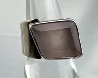 925 Silver Solitaire Geometric Rose Quartz Wide Ba