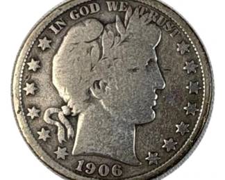 1906 Barber Silver Half Dollar, 50c US Coin, 90%