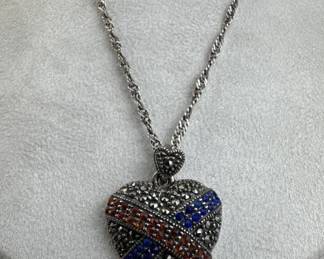 925 Silver Vtg HAN Red & Blue CZ & Marcasite Heart